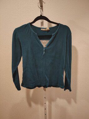 St. John's Bay Women's Long Sleeve Top Size Large Rib Knit Layered Lace Teal